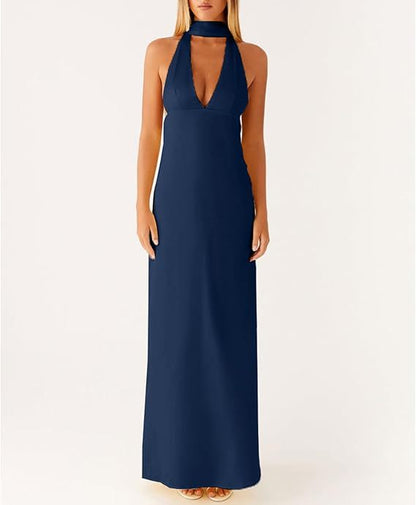 Womens Floral Halterneck Deep V-Neck Backless Bodycon Maxi Dress