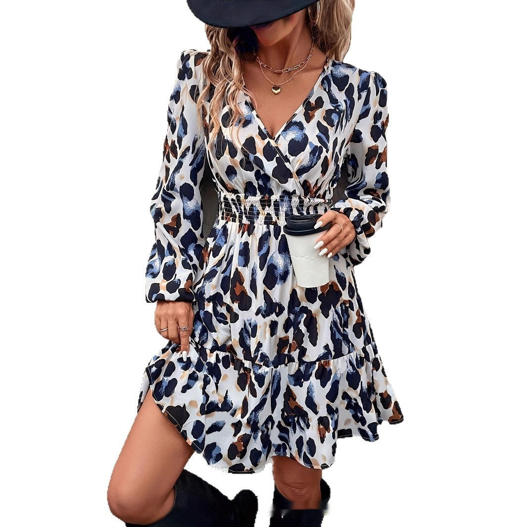 Womens Casual Loose Leopard-Print Floral Dress