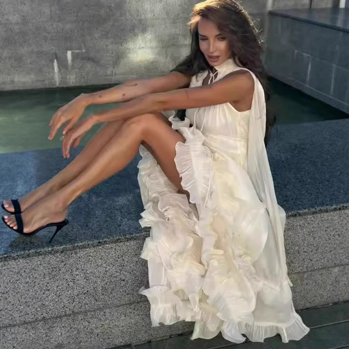 Irregular Ruffle French Shawl Dress