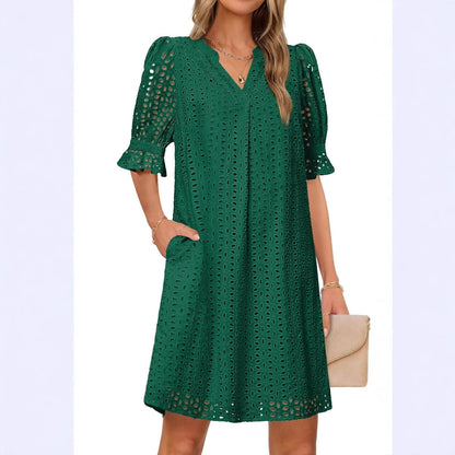SpringSummer V Neck Pleated Collar Hollow Out Floral Lace Dress