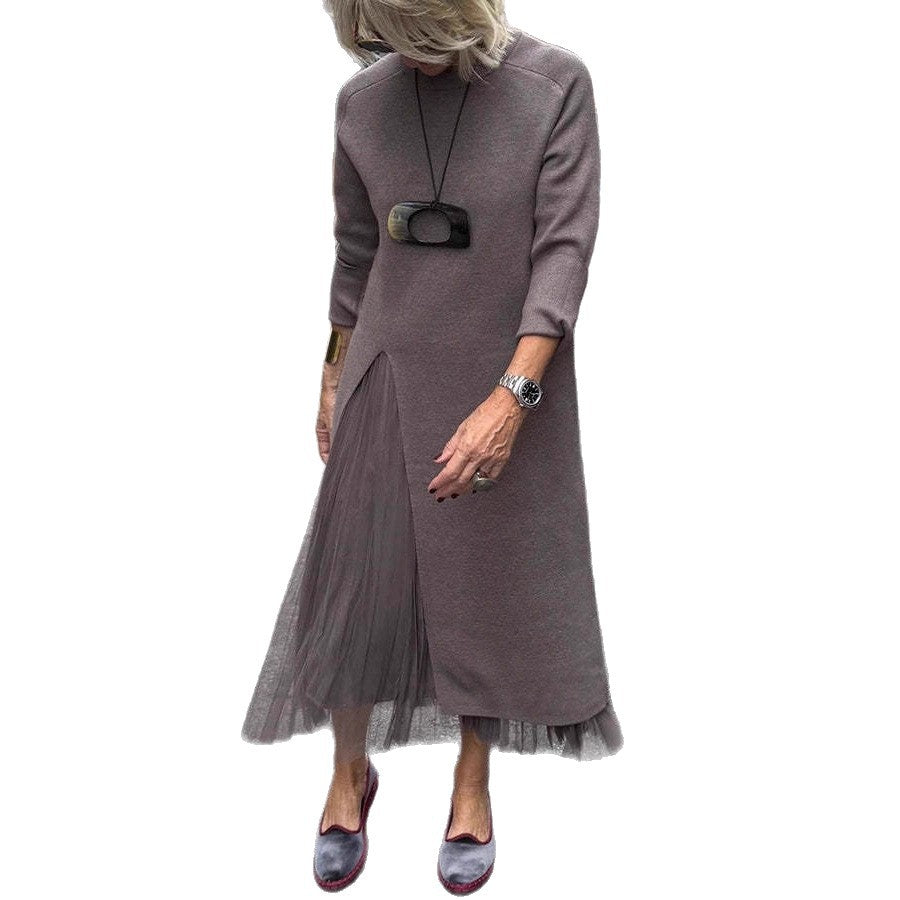 Womens Casual Knitted V-Neck Split-Joint Mesh Dress