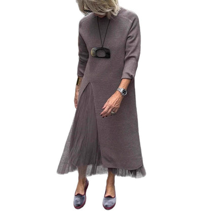Womens Casual Knitted V-Neck Split-Joint Mesh Dress