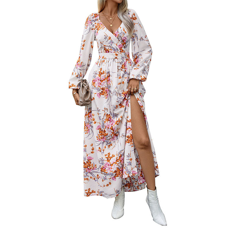 Elegant High-end Split-back Long-sleeve V-neck Printed Dress