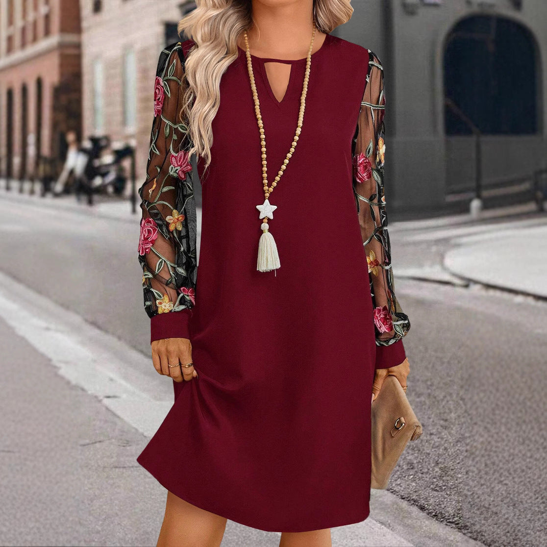 Women's Round Neck Lace Long Sleeve Dress