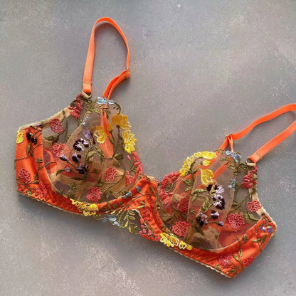 Flowers See-through Embroidered Ribbon Steel Ring Underwear Suit