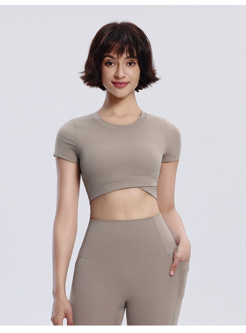 Women's Yoga Short Double-layer Hem With Chest Pad Sports Running Tight Round Neck Top