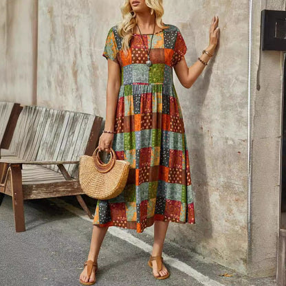 Womens Retro Colorful Polka-Dot Square-Printed Maxi Dress