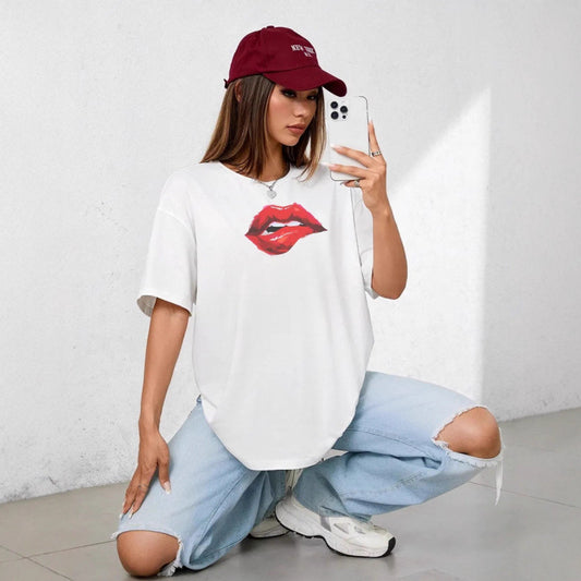 American-style Pure Cotton Short-sleeve Top With A Red Lip Print