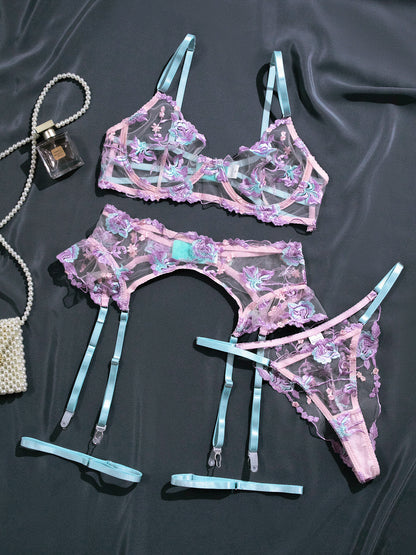 Embroidery Contrast Color Stitching See-through Steel Ring Push-up Underwear Set