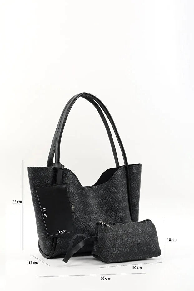 Monogram Black Faux Leather Hand And Shoulder Bag