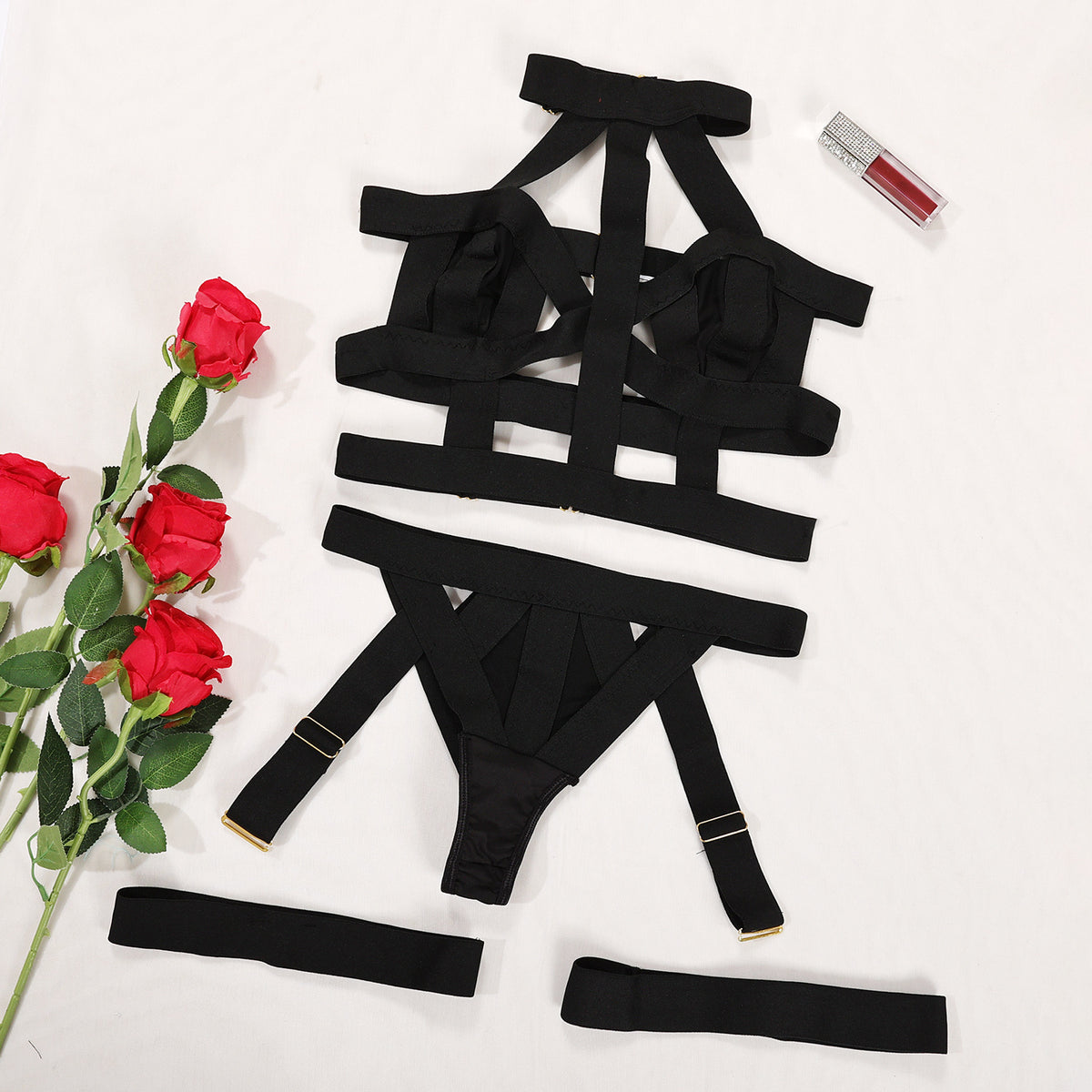 Women's Skinny Hollow-out Ribbon Matching Underwear Suit