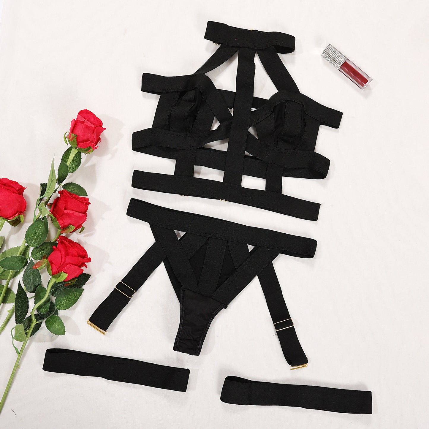 Women's Skinny Hollow-out Ribbon Matching Underwear Suit