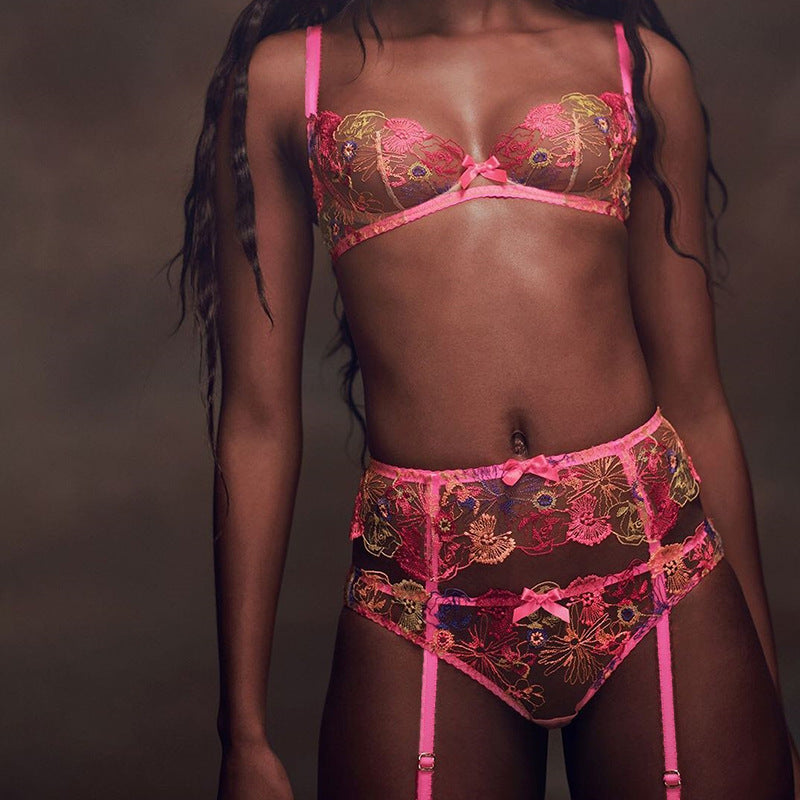 Embroidery Heavy Craft Floral Mesh Underwear Gathering Three-piece Set