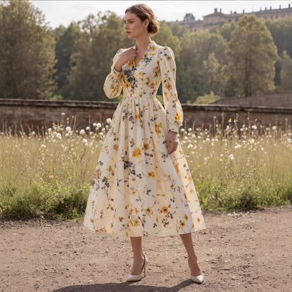 Retro casual V-neck printed long-sleeved women's dress