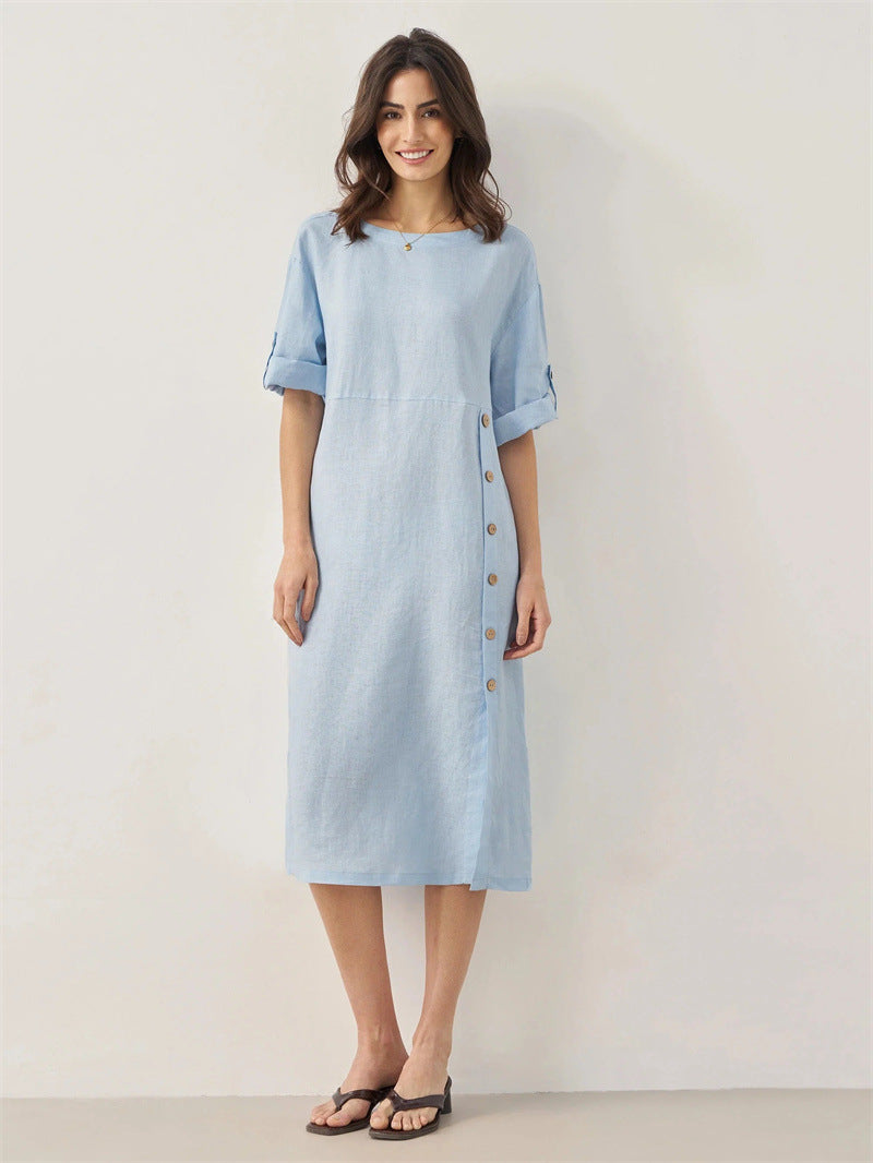 Casual Cotton-Linen Dress With Buttoned Slit And Round Neck