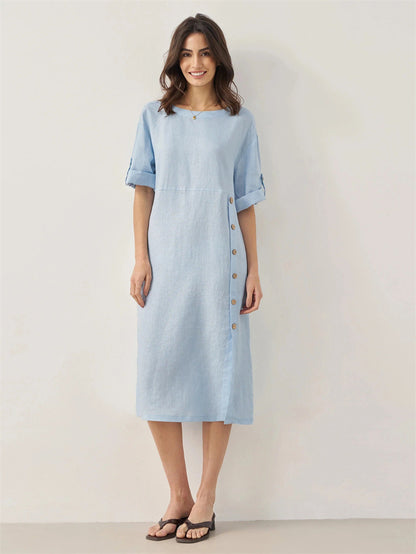 Casual Cotton-Linen Dress With Buttoned Slit And Round Neck