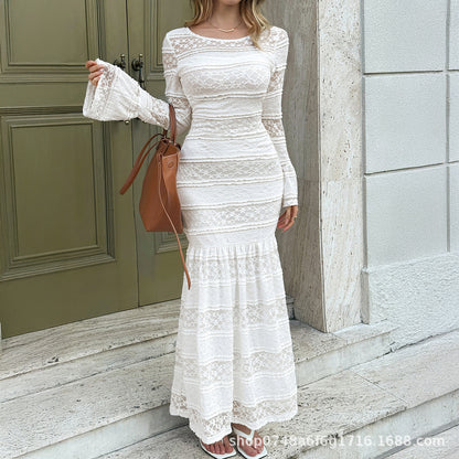 Womens Solid-Color Elegant Flared-Sleeve Bodycon Dress