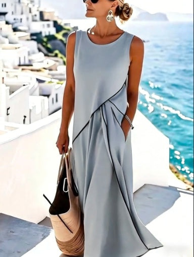 Vacation Style Contrast-Piped Sleeveless Maxi Dress