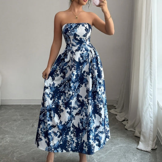 Womens Strapless Printed Casual A Line Dress