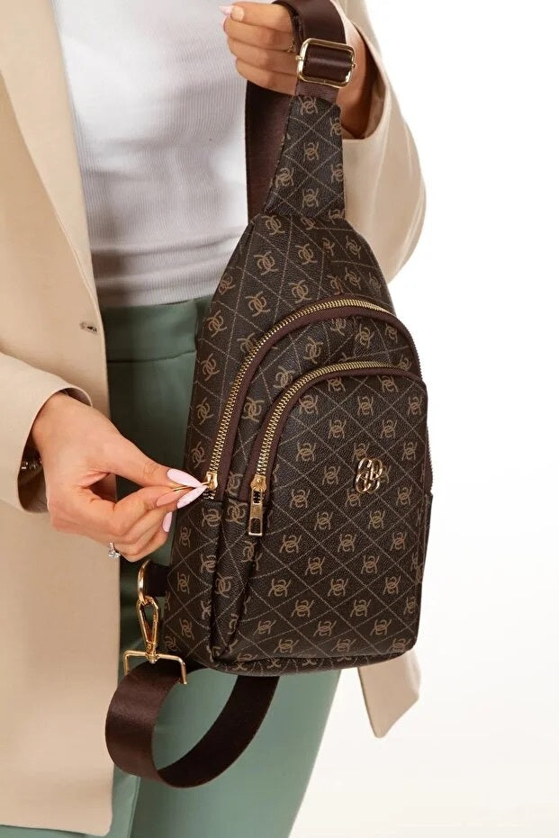 Women Brown Leather Monogram Crossbody Shoulder Bag