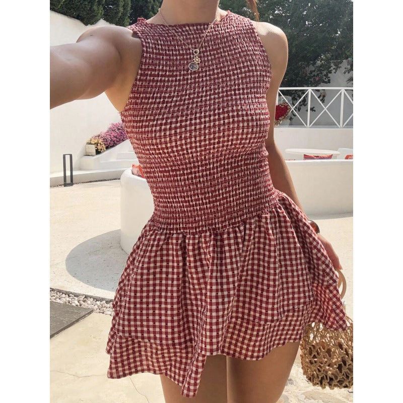 Womens Sleeveless Fitted Belted Dress With A French-Style Plaid Pattern