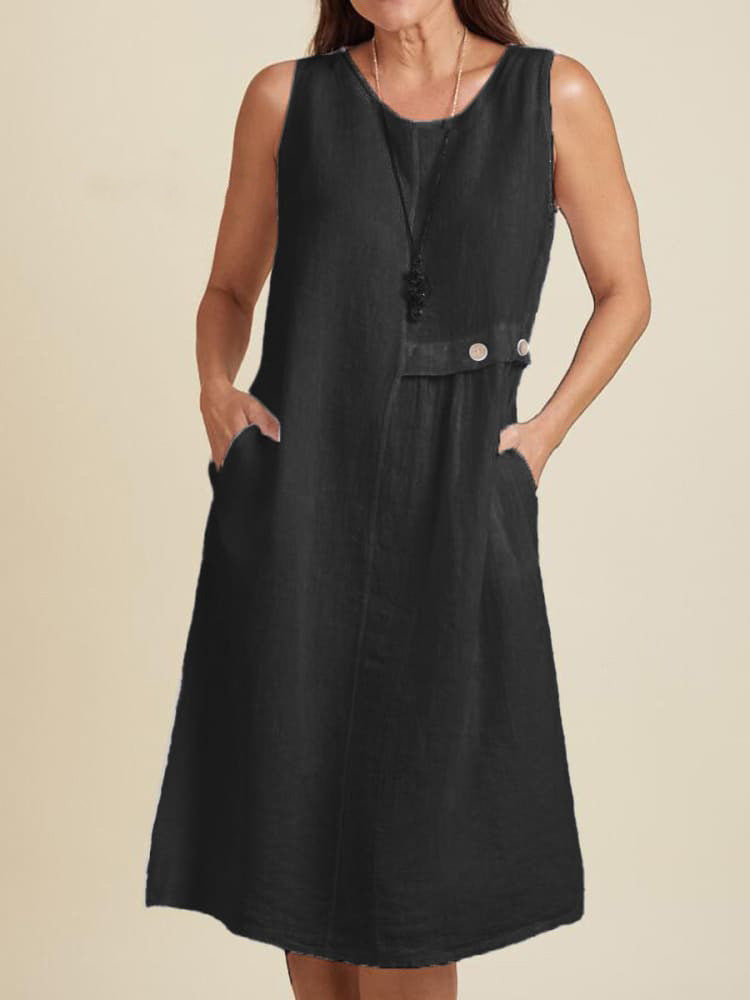 Womens Cotton-Linen Sleeveless Crew-Neck Dress With Buttoned Pockets, Western Style