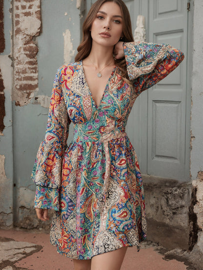 New Bohemian-style Fashion Casual Printed V-neck Womens Dress