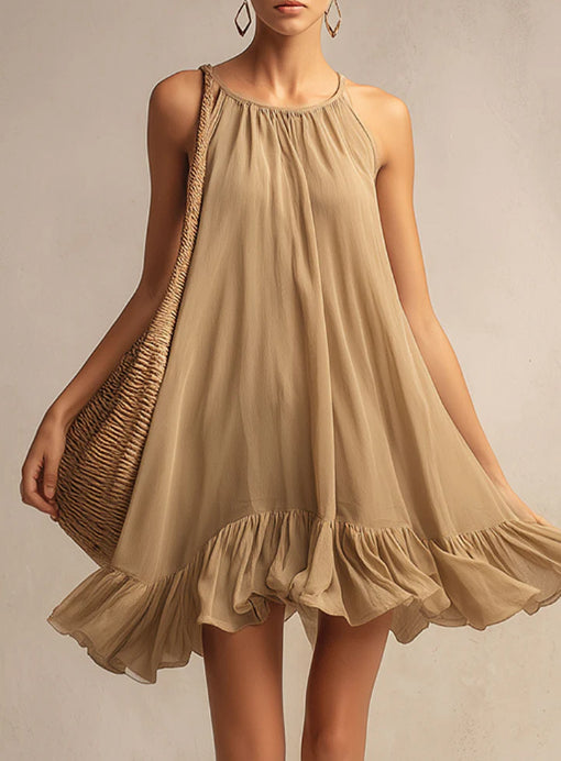 Casual Vacation Style Light Brown Round Neck Chiffon Mini Dress