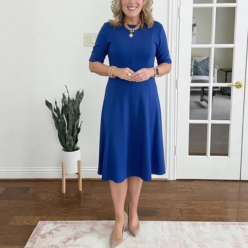 Womens Solid-Color Crew-Neck Short-Sleeve Dress