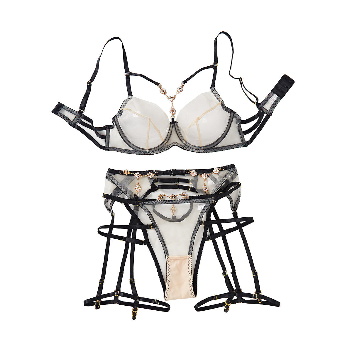 Comfortable See-through Mesh Patchwork Complex Craft Underwear Three-piece Set