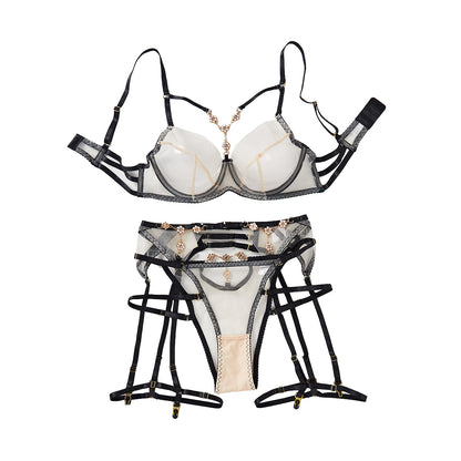 Comfortable See-through Mesh Patchwork Complex Craft Underwear Three-piece Set