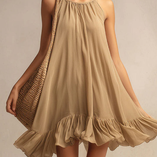 Casual Vacation Style Light Brown Round Neck Chiffon Mini Dress