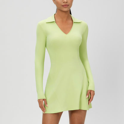 European And American-style Long-sleeve Lapel V-neck Sporty Casual Dress