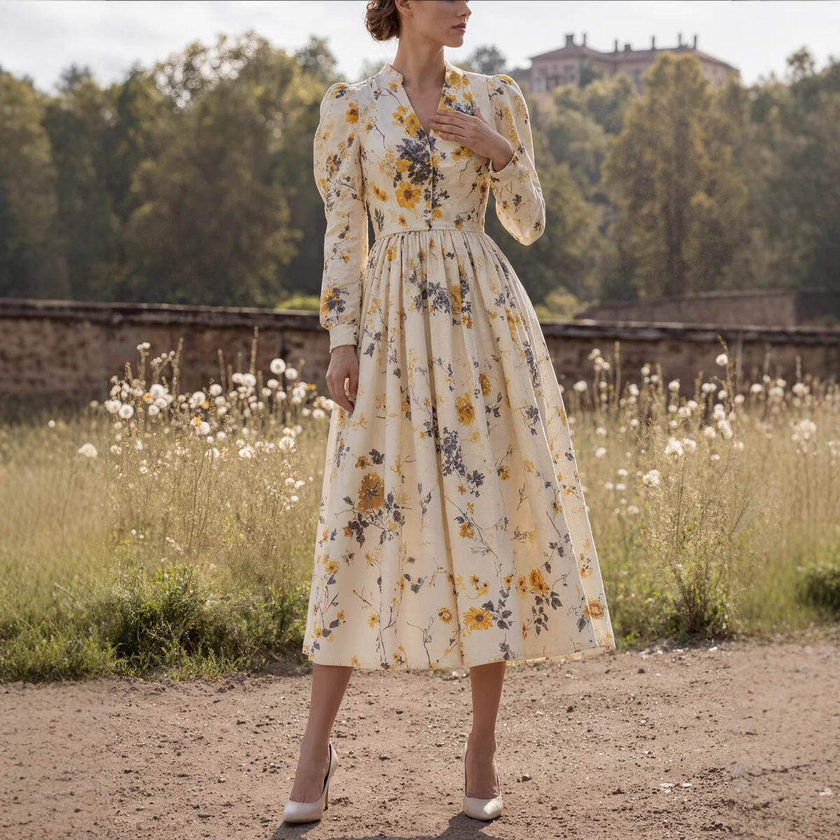 Retro casual V-neck printed long-sleeved women's dress