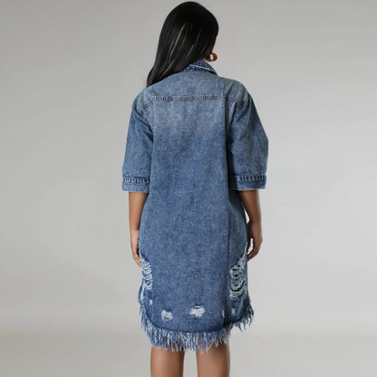 Denim Ripped Fringe Short-Sleeve Lapel Dress