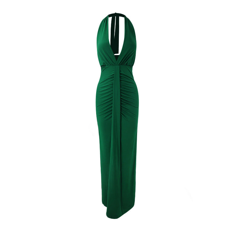 Chic V Neck Halter Dress With A Tie Figure Flattering Design And Stylish Pleats