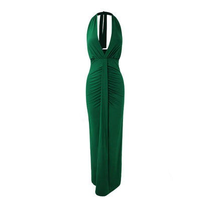 Chic V Neck Halter Dress With A Tie Figure Flattering Design And Stylish Pleats