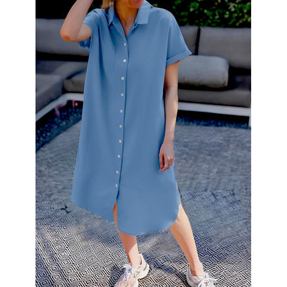 Mid-length Button-up Shirt Dress With A Lapel Collar