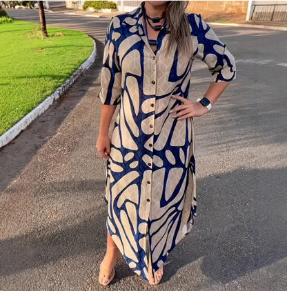 Womens Stylish And Elegant Striped Long-Sleeve Cardigan Long-Button Front Dress