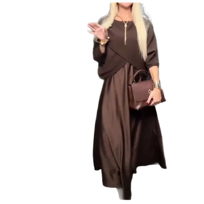 Elegant Simple Solid-color Dress With A Round Neck And Three-quarter-length Sleeves