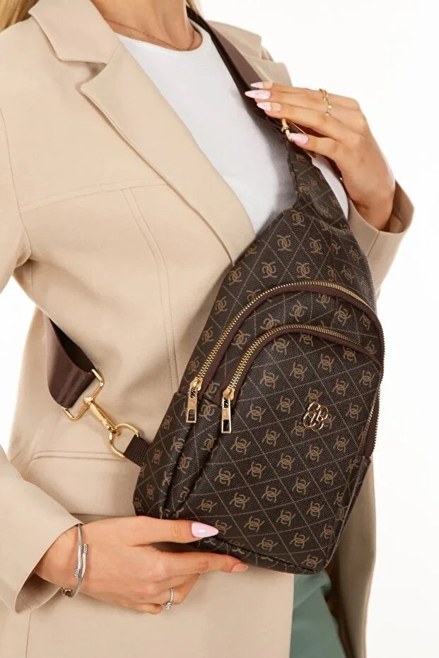 Women Brown Leather Monogram Crossbody Shoulder Bag