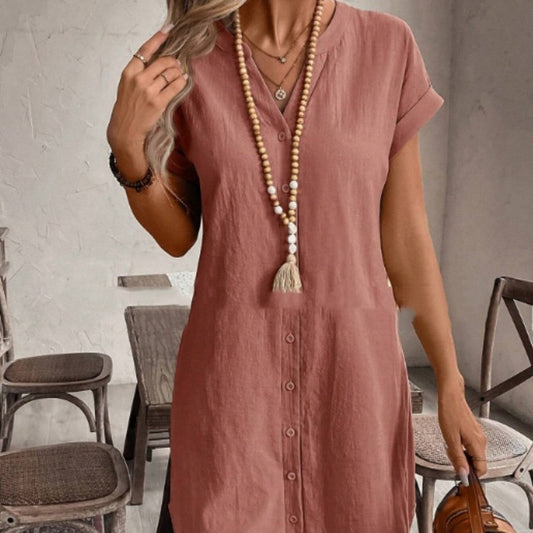 Color Cotton-linen V-neck Button-up Loose Casual Dress