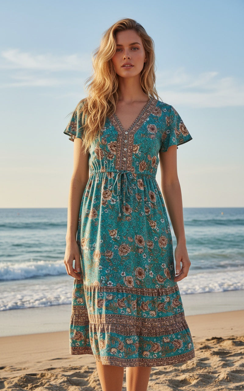 Womens Casual V-Neck Printed Dress