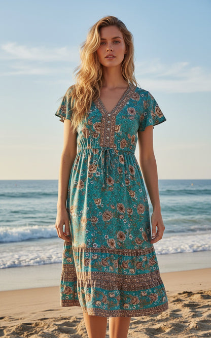 Womens Casual V-Neck Printed Dress