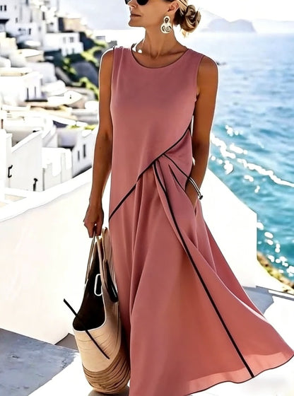 Vacation Style Contrast-Piped Sleeveless Maxi Dress