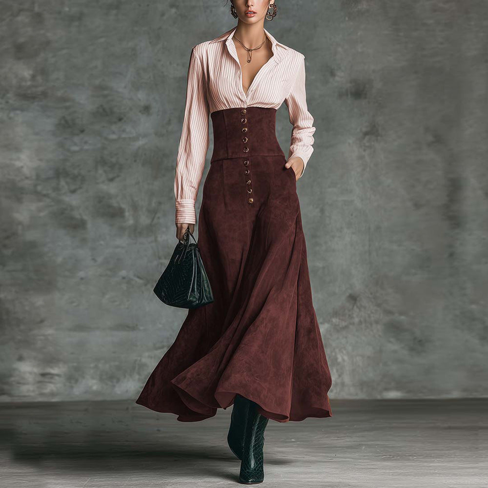 Elegant Shirt Paired With A Patchwork Flared A-line Skirt