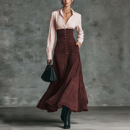 Elegant Shirt Paired With A Patchwork Flared A-line Skirt