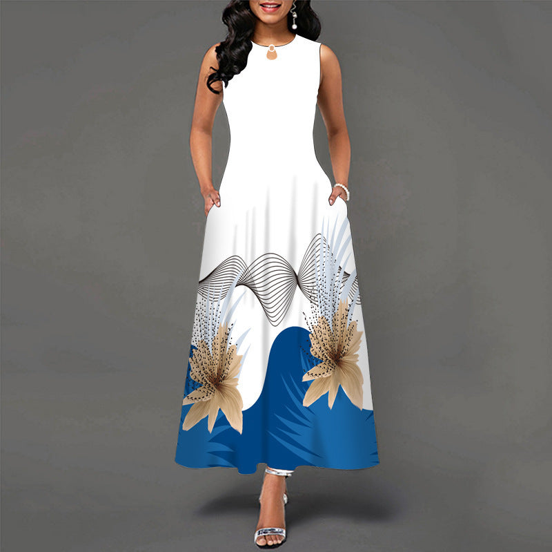 Womens Printed Crew-Neck Sleeveless Tank Dress