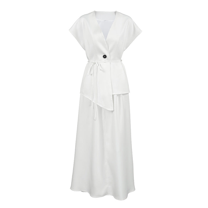 Womens Designer White Short-Sleeve Lace-Up Set