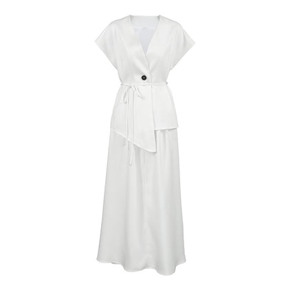 Womens Designer White Short-Sleeve Lace-Up Set